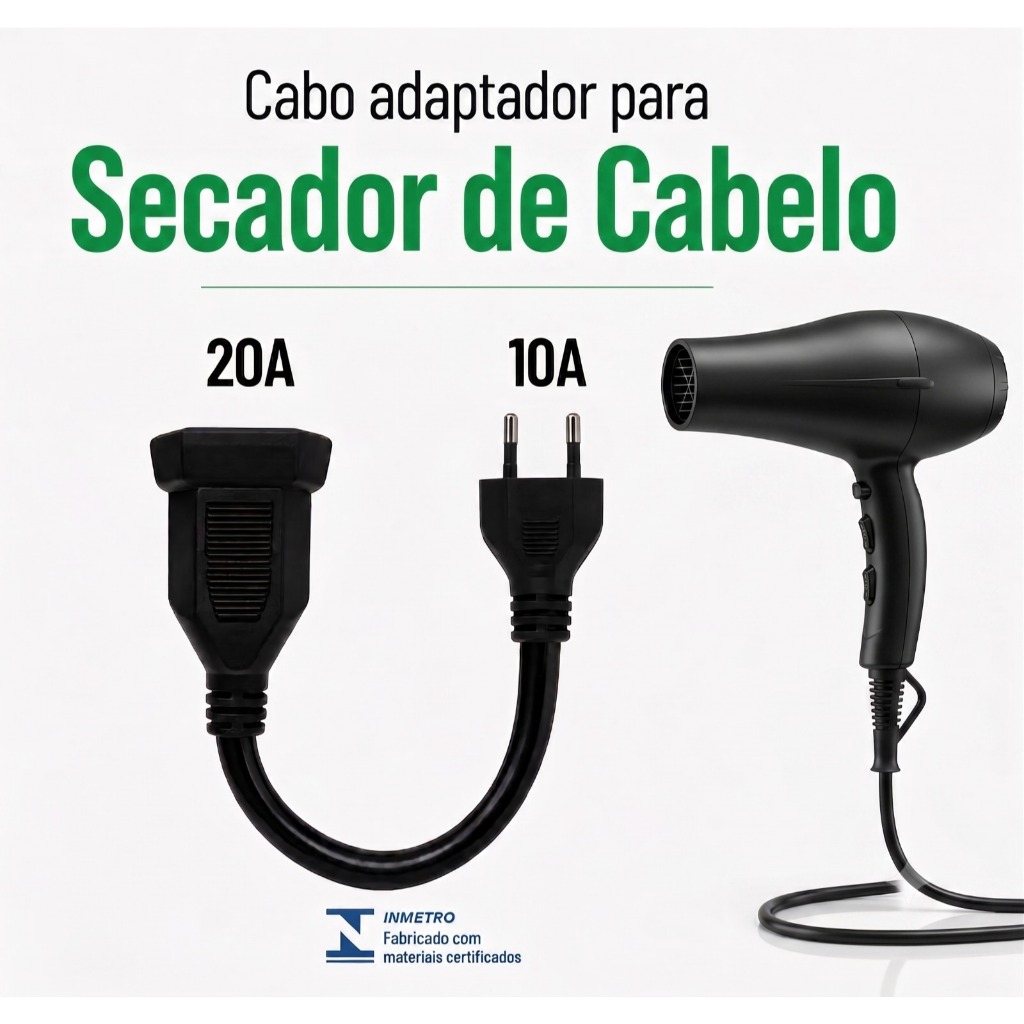 Adaptador Tomada Secador Cabelo Cabo Reforçado 20a 3p Pra 10a 2p 1kv 2x2,5 Não Pega Fogo