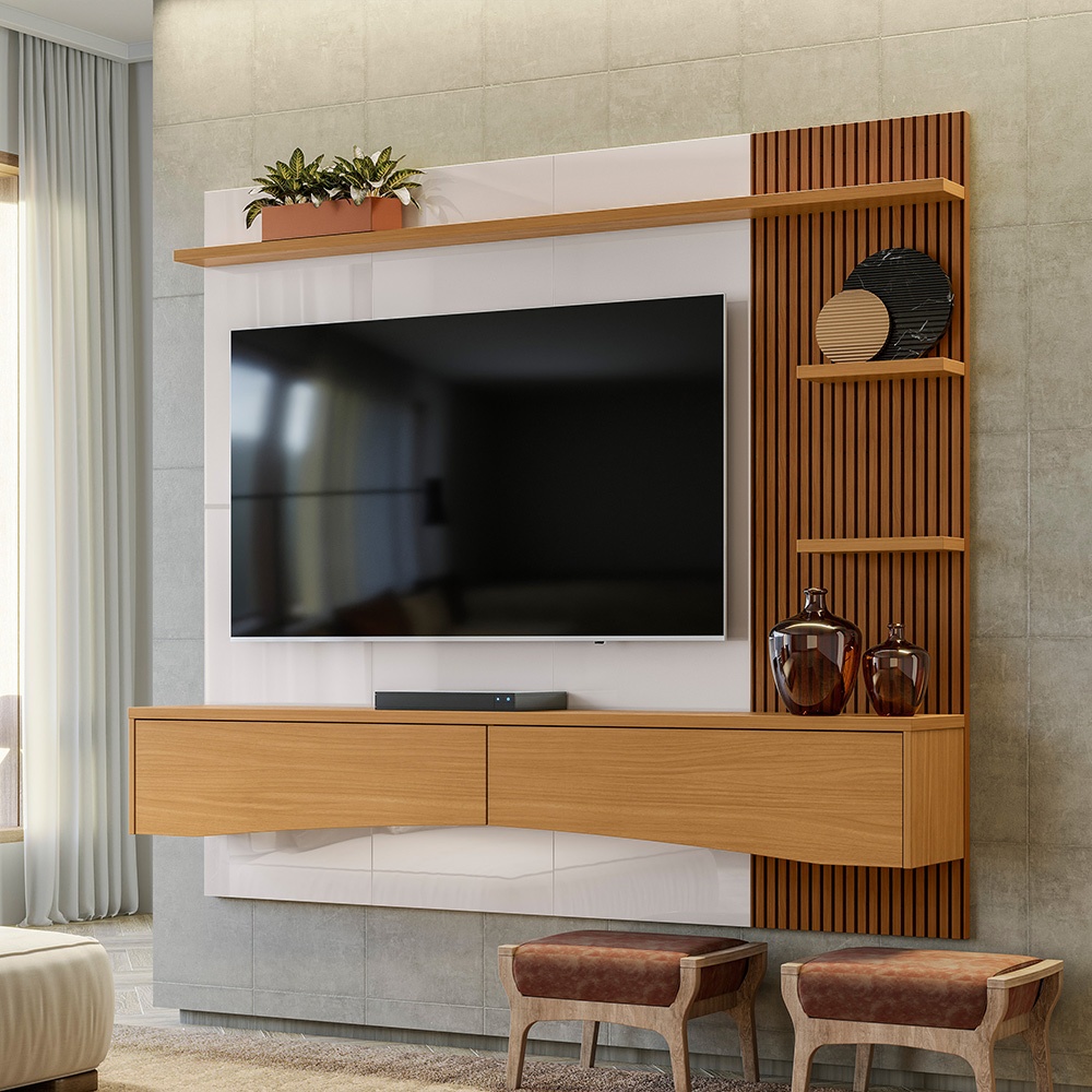 Painel Diferenciado Moderno Copa do Mundo Para Tv Até 65" Europa Off White Perolizado Tauari - Lukaliam Móveis