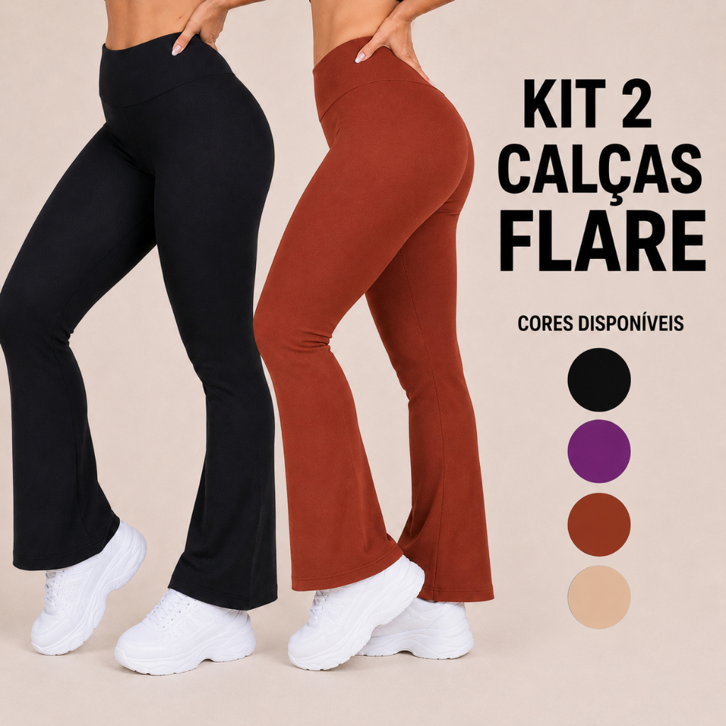 Kit 2 Calças Legging Flare Bailarina Feminina Poliamida Cintura Alta Zero Transparência Academia Moda Fitness Treino