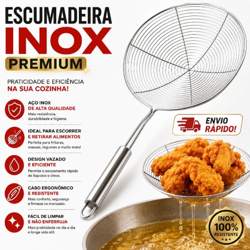 Escumadeira  de  aço  inox  premium resistente  para cozinha ideal para frituras massas e legumes