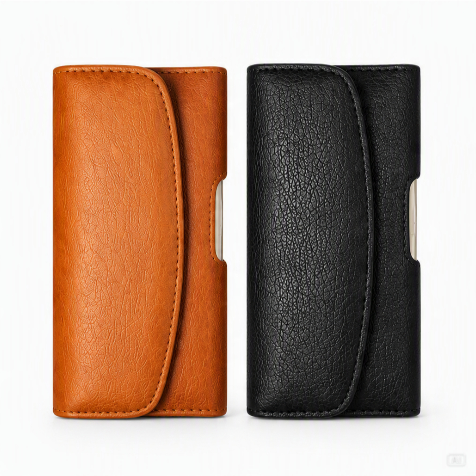 Suporte de Cinto Porta Smartphone Capinha Celular Caramelo e Preto Couro Sintético Universal