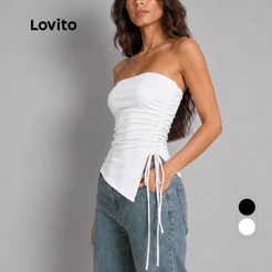 Lovito Top Sem Alças Assimétrico com Ajustador Moda Franzido Lateral Basico Feminino TKB68ED053