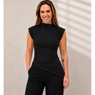 BLUSA FEMININA GOLA ALTA ASSIMÉTRICA RIBANA CANELADA BÁSICA E MODERNA CONFORTO MODINHA BLUSINHA