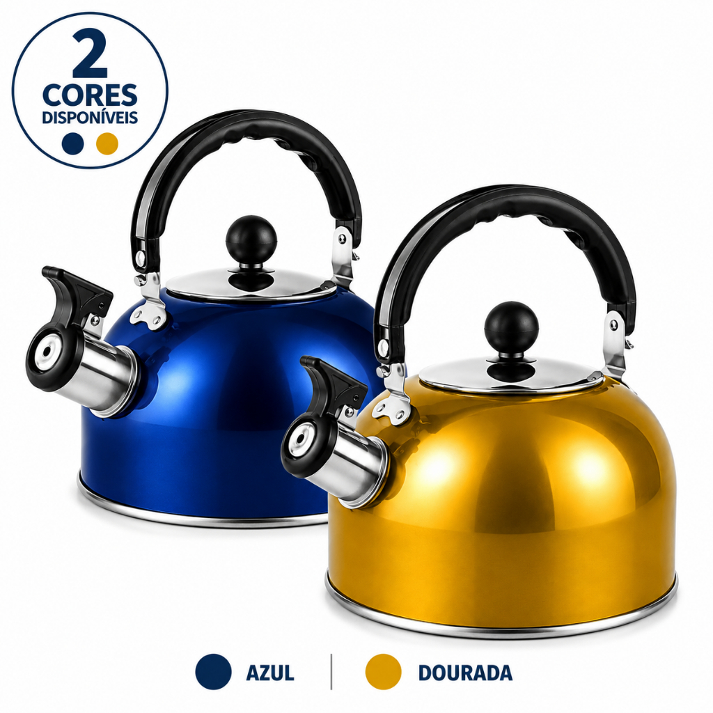 Chaleira Inox com Apito 2L Alça Fogão Gás Elétrico Café Chá Ferve Água Rápido Cozinha Luxo Premium