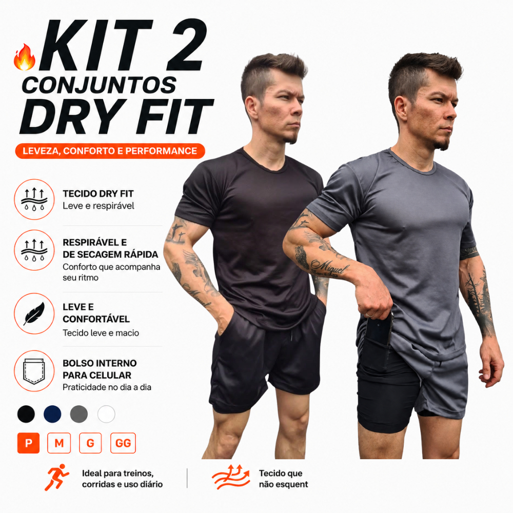 Kit 2 Conjunto de Academia Masculino Estilo Boyfriend com Shorts 2 em 1 + Camiseta Dry Fit