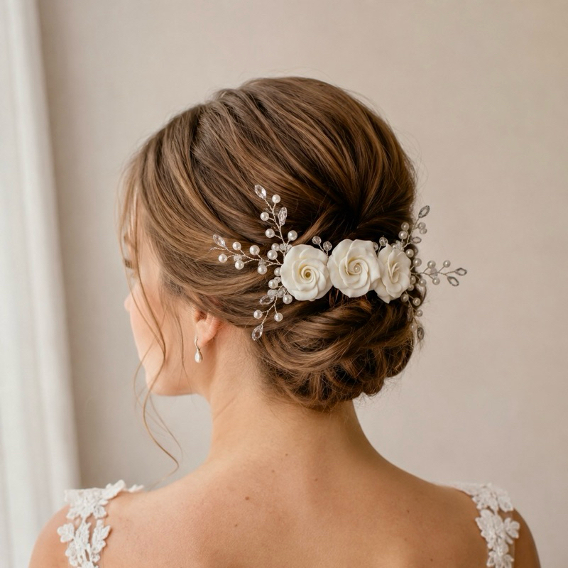 Grinalda de Noiva com Rosas e Pérolas | Grinalda Delicada Louise