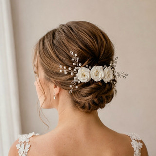 Grinalda de Noiva com Rosas e Pérolas | Grinalda Delicada Louise