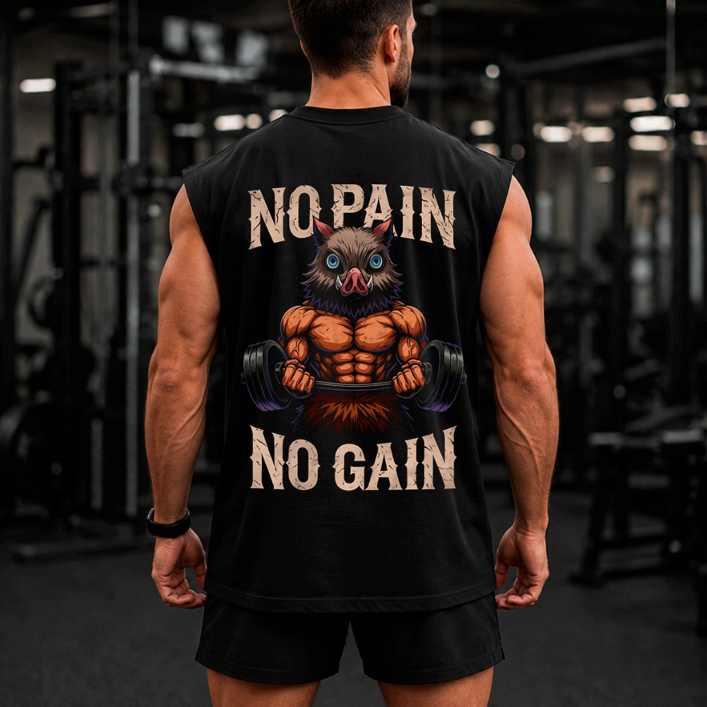 Regata Machão Oversized Masculina Academia No Pain No Gain Anime Javali Fitness Treino Musculação Streetwear Camiseta