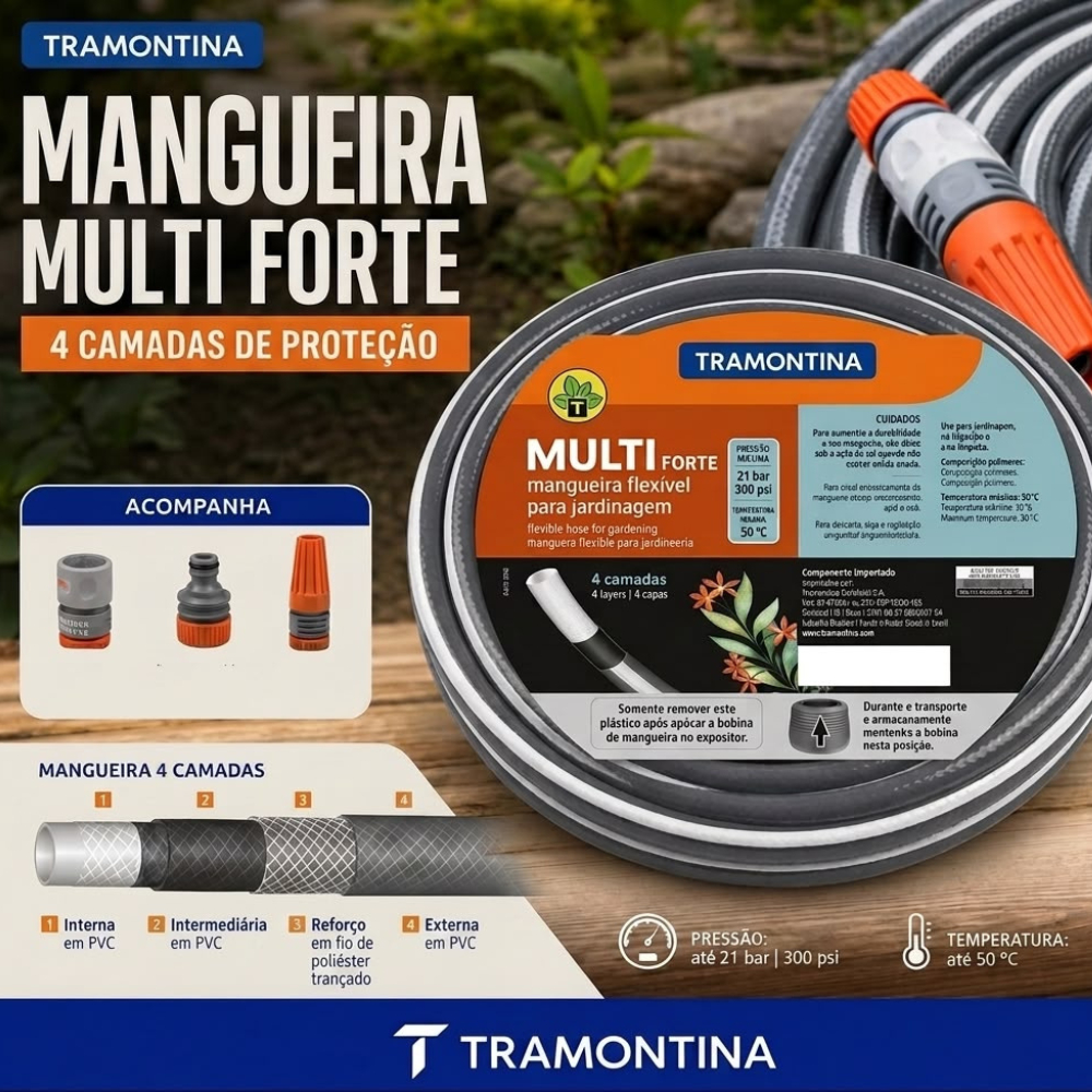 Mangueira De Jardim Tramontina Multi Forte 1/2 Cinza 4 Camadas Alta Pressão Esguicho Regulável Kit