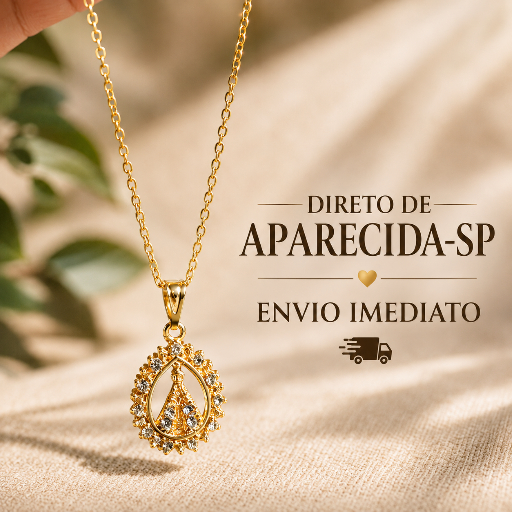 Colar Nossa Senhora Aparecida Folheado Cravejado com Strass