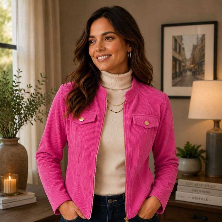 Jaqueta Feminina Cotelê com Zíper Casual Outono/Inverno