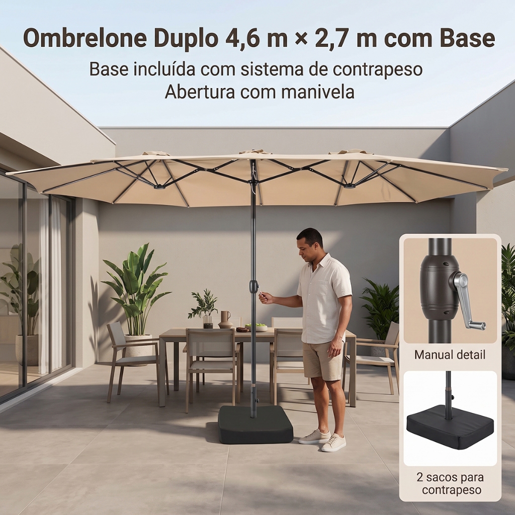 Ombrelone Lateral Duplo 2,7x4,6m com Base Desmontável 2 Sacos Areia 30L Impermeável UV Jardim Piscina · foto 2