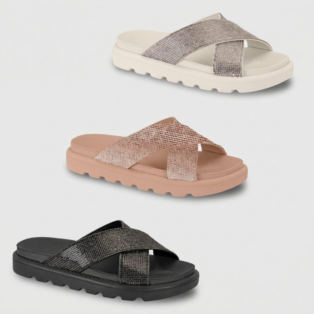 Sandália Feminina Vizzano Papete Tiras Cruzadas Strass Brilho Conforto