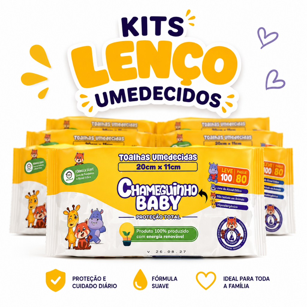 Kit Pacotes Toalhas Umedecida Higiene Bebe Chameguinho 100 Lenços Menina Menino