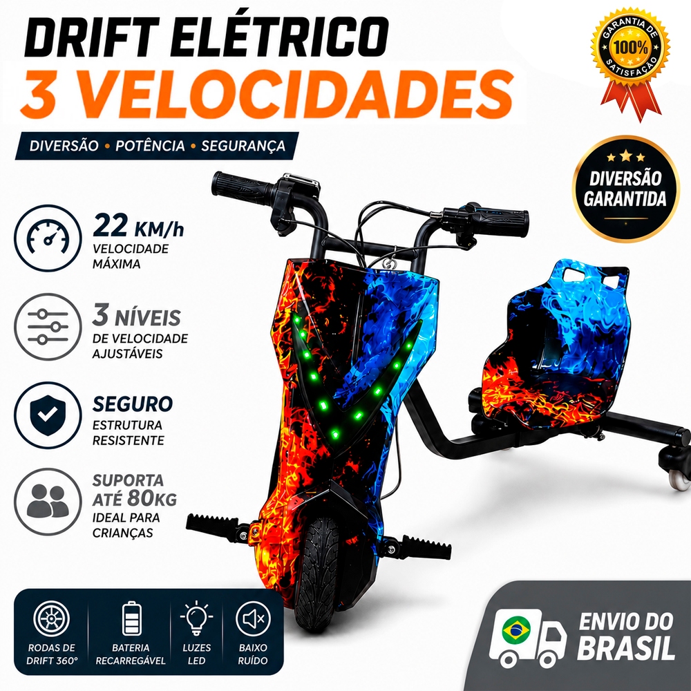 Triciclo Elétrico Drift Motorizado 350w Adulto/Infantil 6" 8" Polegadas 3 Velocidades Bluetooth Led