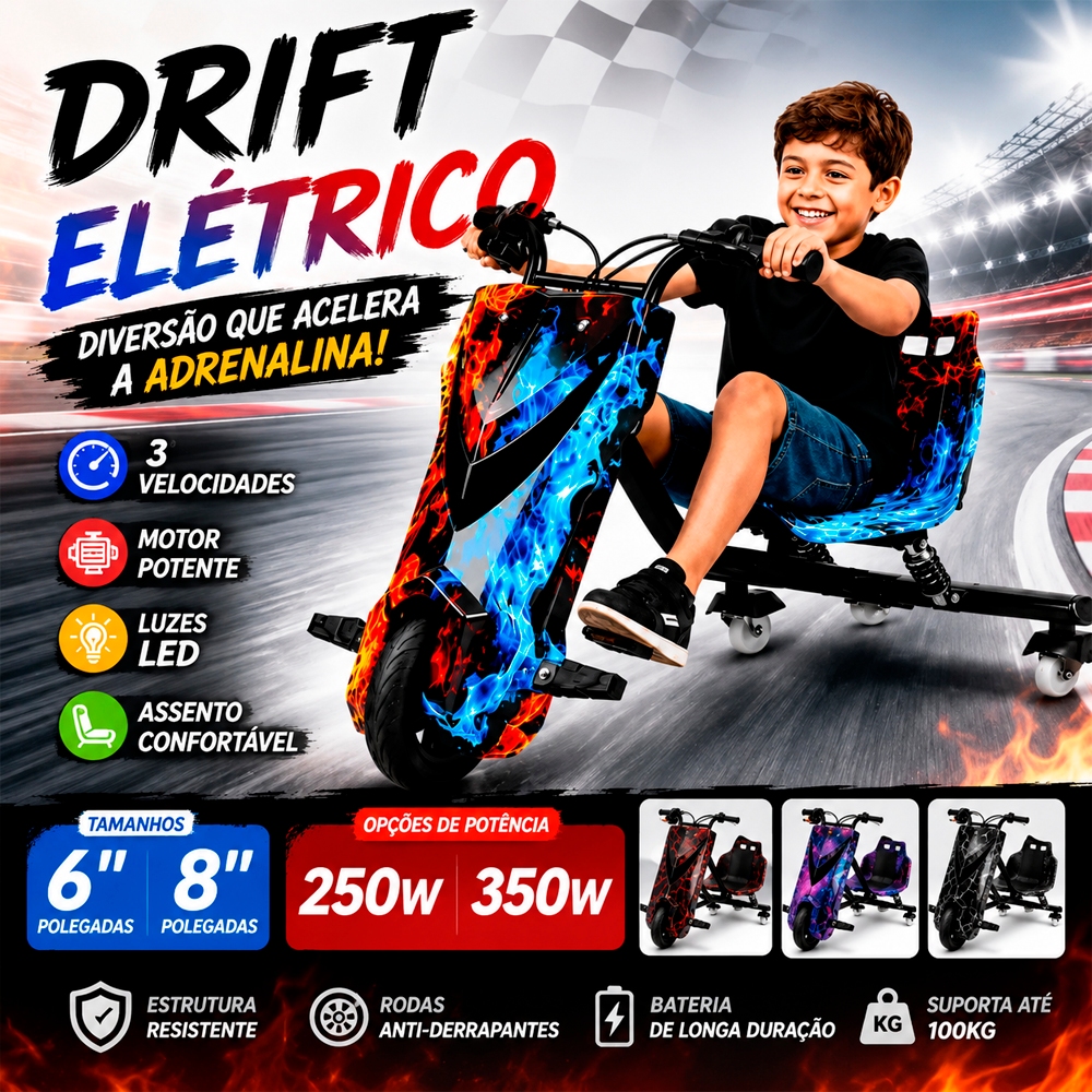 Triciclo Elétrico Drift Driftting Infantil Adultos em Ação 250w 350w Super + Kit Proteção