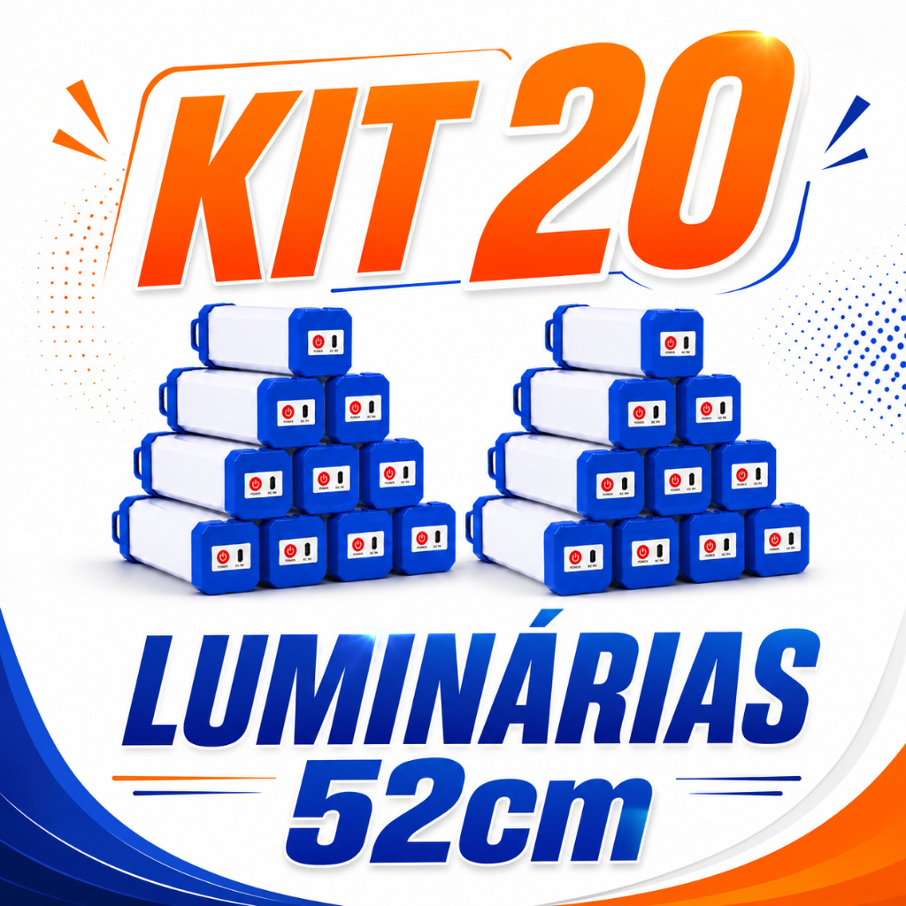 Kit 20 Luminárias de Emergência LED 60W 52cm Recarregáveis USB Magnéticas para Residências Oficinas Aventuras em Trilhas