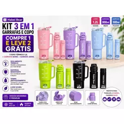 Kit 3 em 1 Copo Térmico 1,2L com Canudo + Garrafa 800ml + Garrafa 300ml Habei Bea