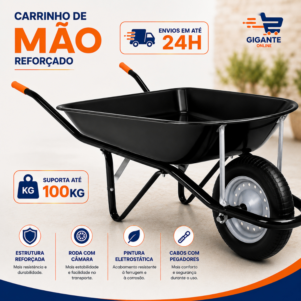 Carrinho De Mão De Obra Master Preto Maestro Pneu Com Câmara De Ar
