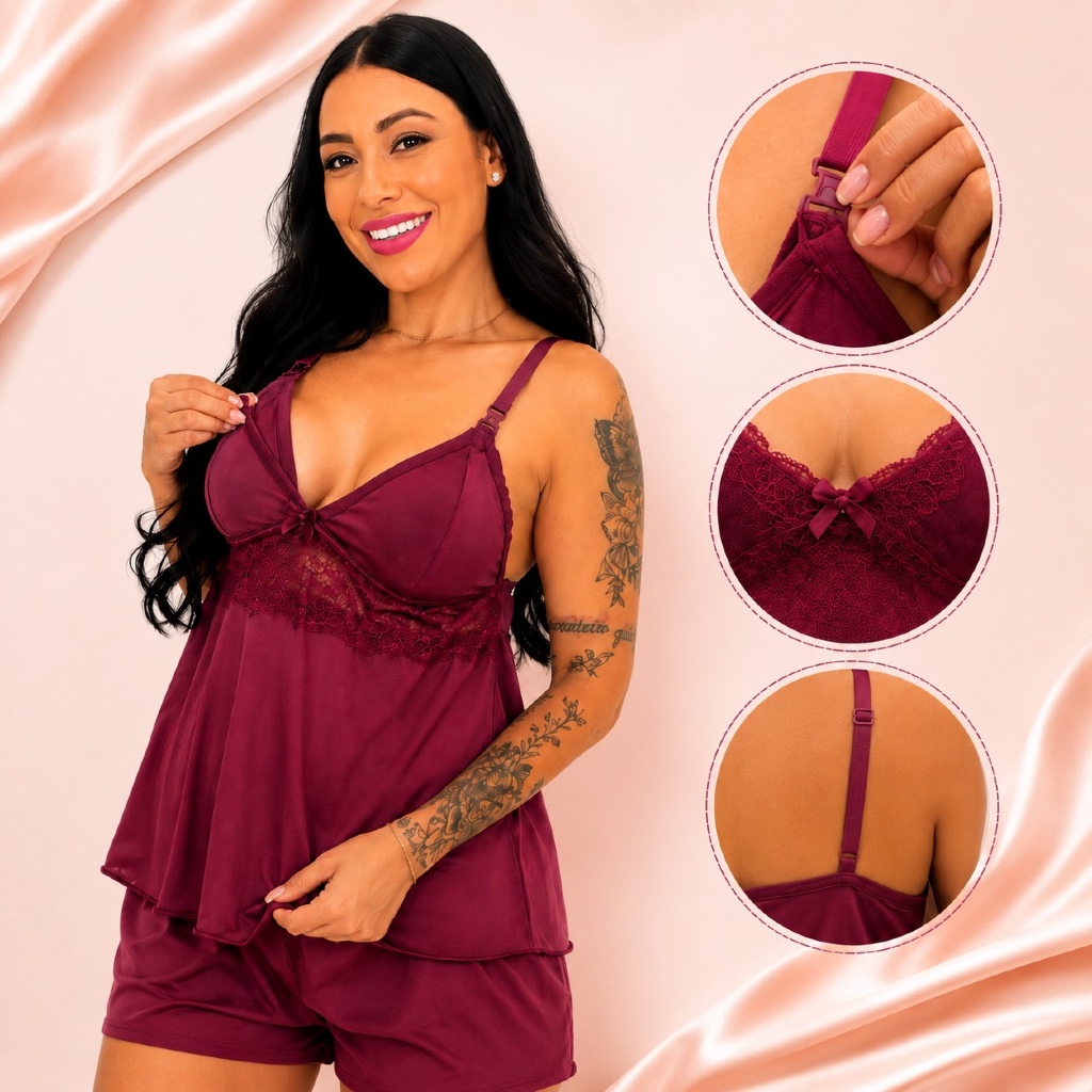 Baby Doll Amamentação Com Click Abre Fácil Gestante Pós Parto Pijama Para Amamentar Com Renda