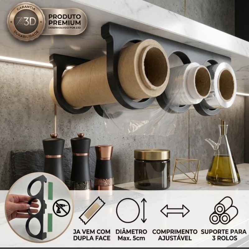Suporte Organizador De Rolos Para Armário Papel Alumínio Filme PVC E Papel Manteiga De Cozinha Sem Furar