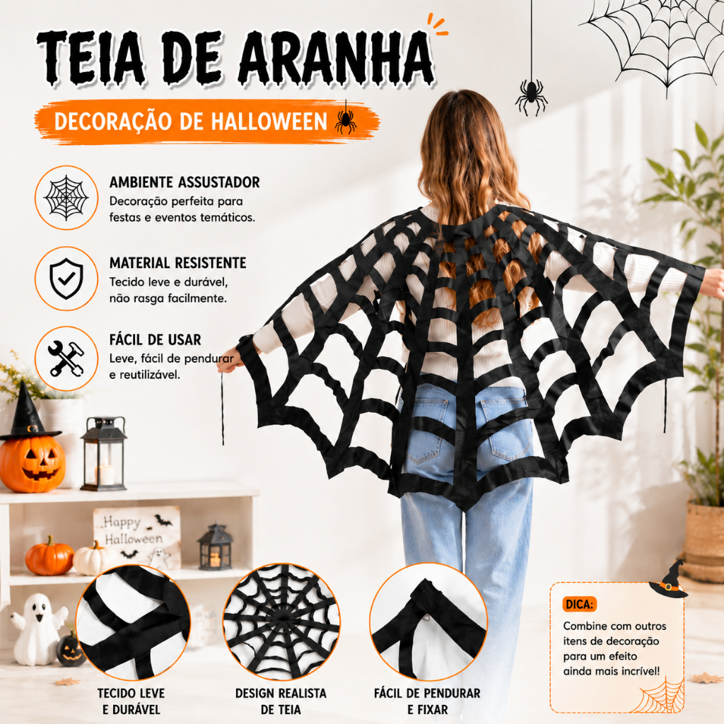 Capa Teia de Aranha Halloween Adulto e Infantil Fantasia Decorativa Festa Cosplay