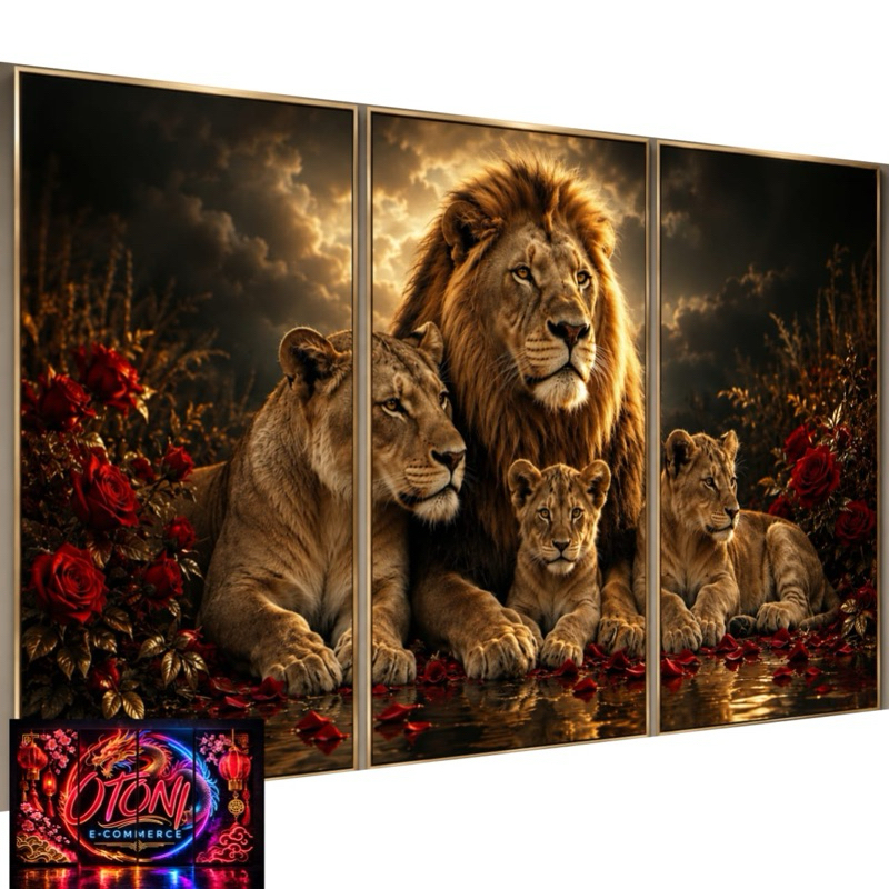 Quadros Decorativos Família Leão Religioso 3 Peças Decoração Sala Quarto Escritório Decoração