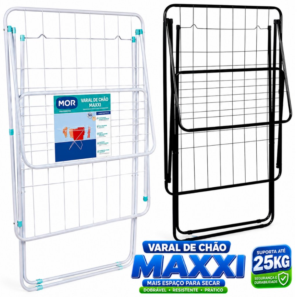 Varal De Chão MOR Grande Maxxi Com Abas Suporta 25kg de Roupas Úmidas Não Enferruja Dobrável Aço