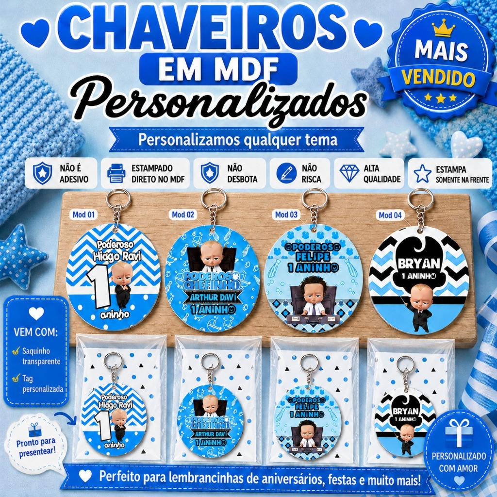 Kit Lembrancinhas convidados Poderoso Chefinho Chaveiro MDF Maternidade ou Chá de Bebê ANIVERSÁRIO personalizadas Menino