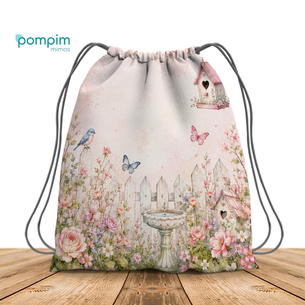 Kit Lembrancinha Mochila Saco Jardim Encantado, Secreto, Aquarela de tecido personalizado, para festas e aniversários.