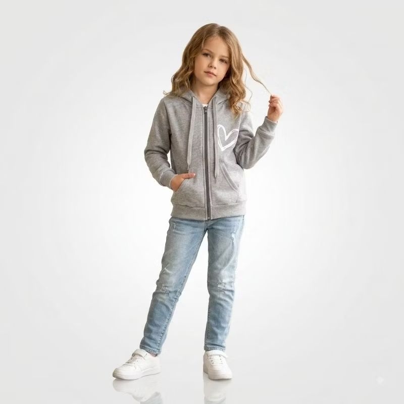 Moletom Abrigo Infantil Zíper e Capuz  Coração Estampado  Grosso  Quentinho Confortavel