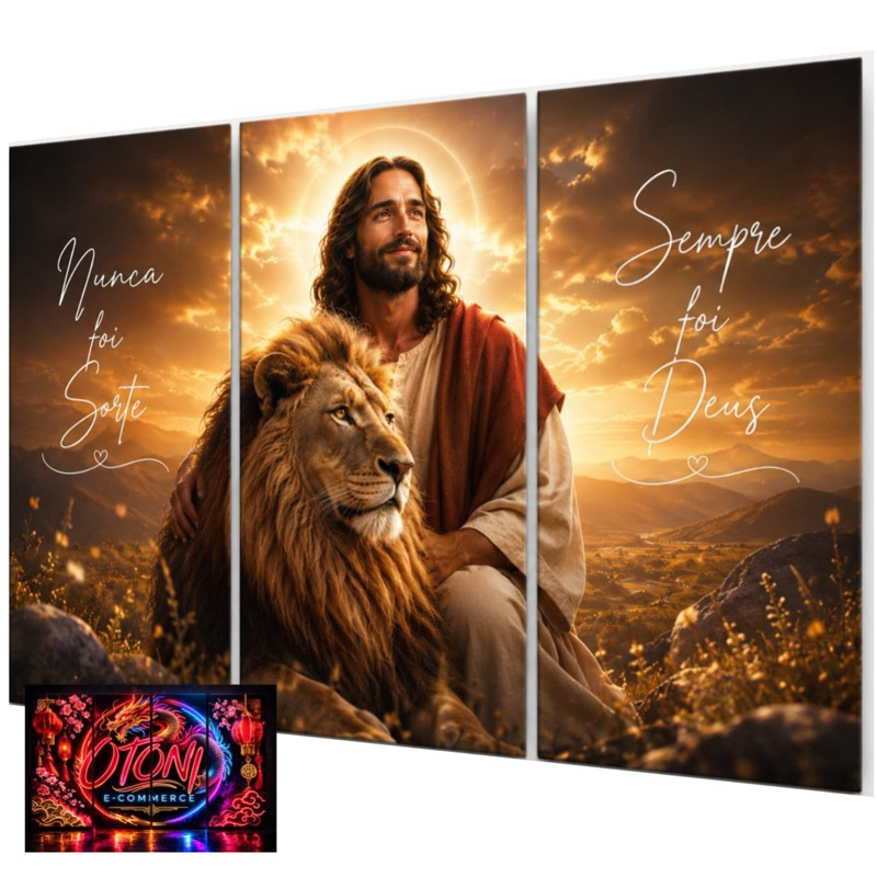 Quadros Decorativos Jesus Cristo e Leão De Judá Religioso Nunca Foi Sorte Sempre Foi Deus 3 Peças Decoração Sala Quarto