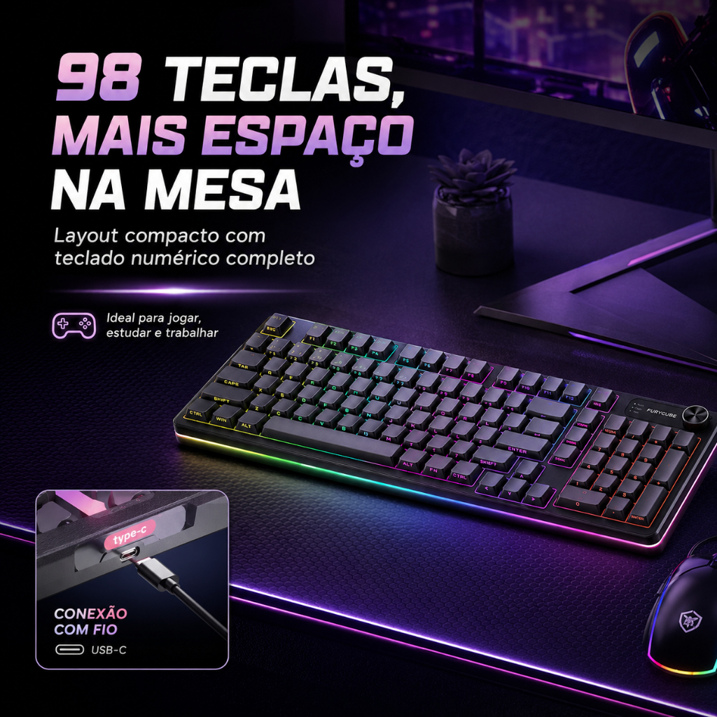 FURYCUBR Wireless RGB Gaming Keyboard Durable Battery LED Lighting High Performance Gaming Office — imagem 2 de 2