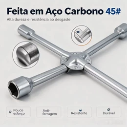 Chave Cruz para Roda Automotiva Aço Carbono 45#,4 Medidas 17/19/21/23mm, Ferramenta Emergência Troca de Pneu
