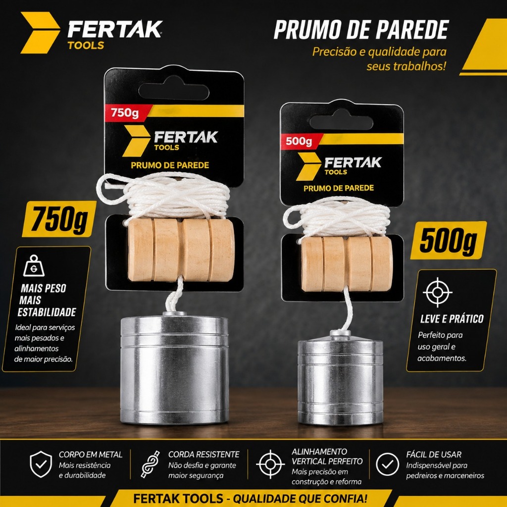 **Prumo de Parede para Pedreiro em Aço 500g e 750g Profissional para Construção e Alvenaria