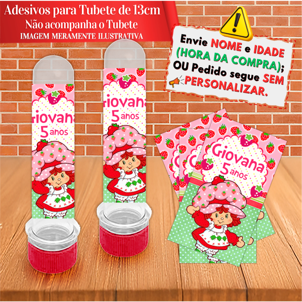 Rótulos Adesivos Personalizados Moranguinho 3D Baby Vintage Clássica para tubetes de 13 cm