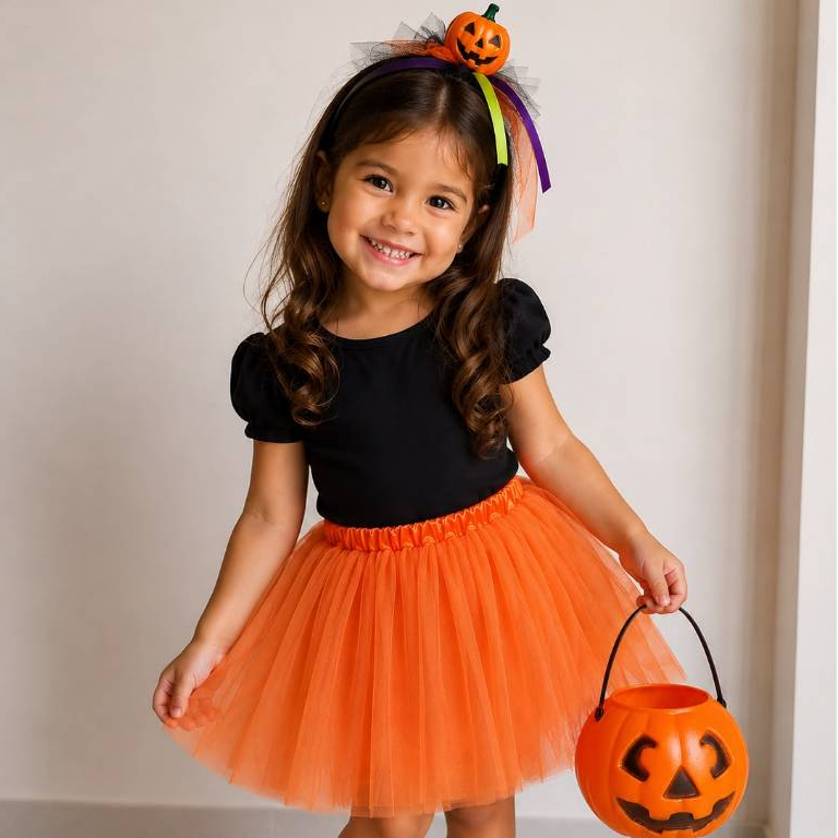 Kit Fantasia Abóbora Infantil 3 peças / Tiara Abóbora / Saia Tule Laranja / Abóbora Cesto / Halloween