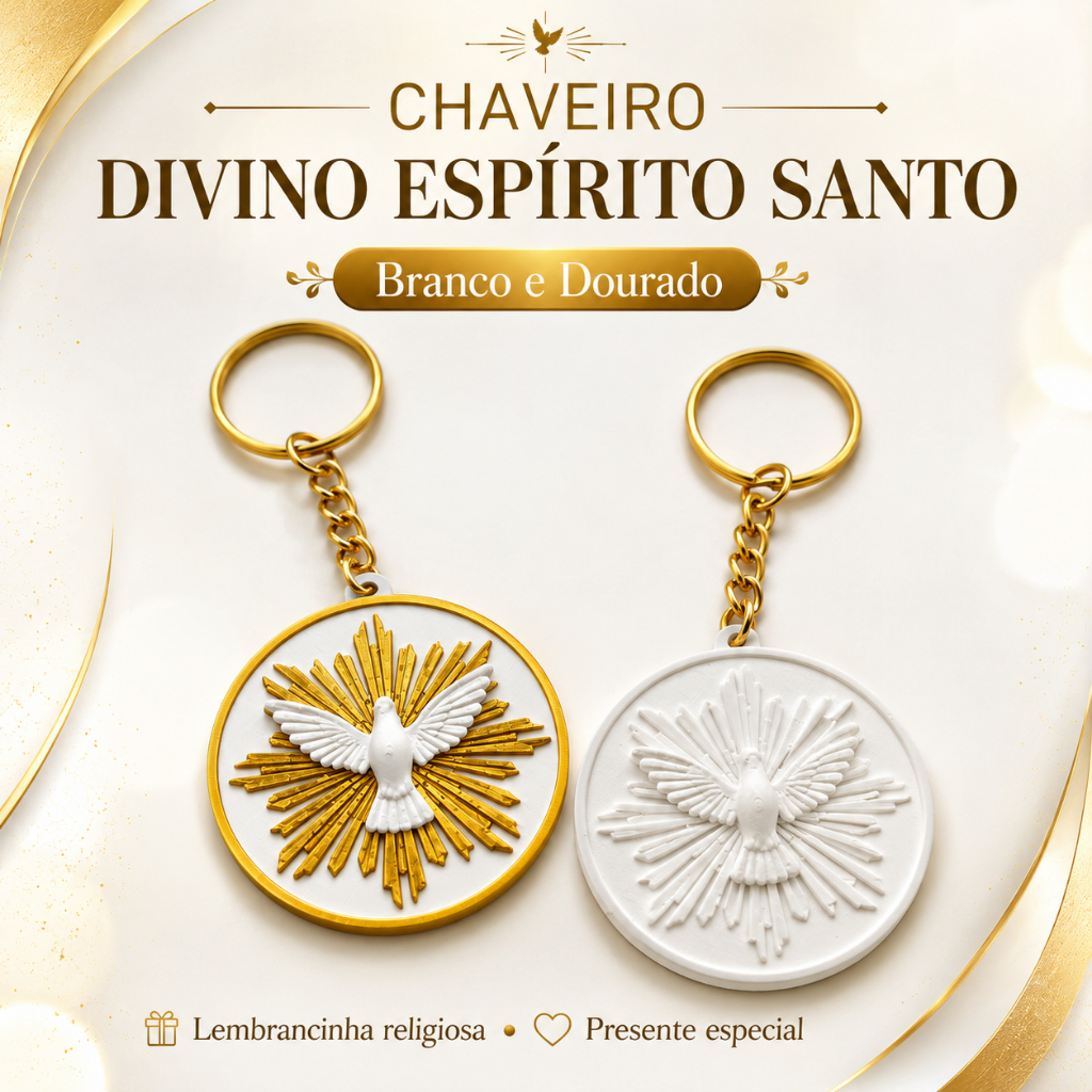 Chaveiro Divino Espírito Santo Religioso Lembrancinha Católica Presente Batizado Crisma Fé Proteção Branco Dourado