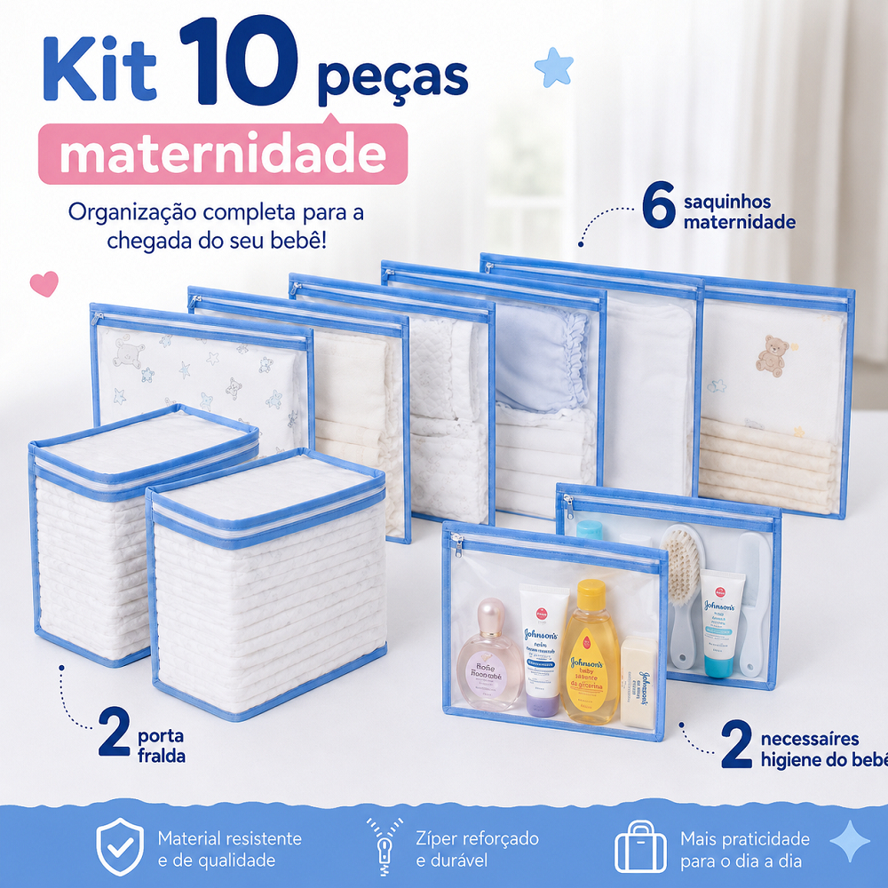 Kit 10 Peças Maternidade Completo Saquinhos Porta Fraldas Necessaires
