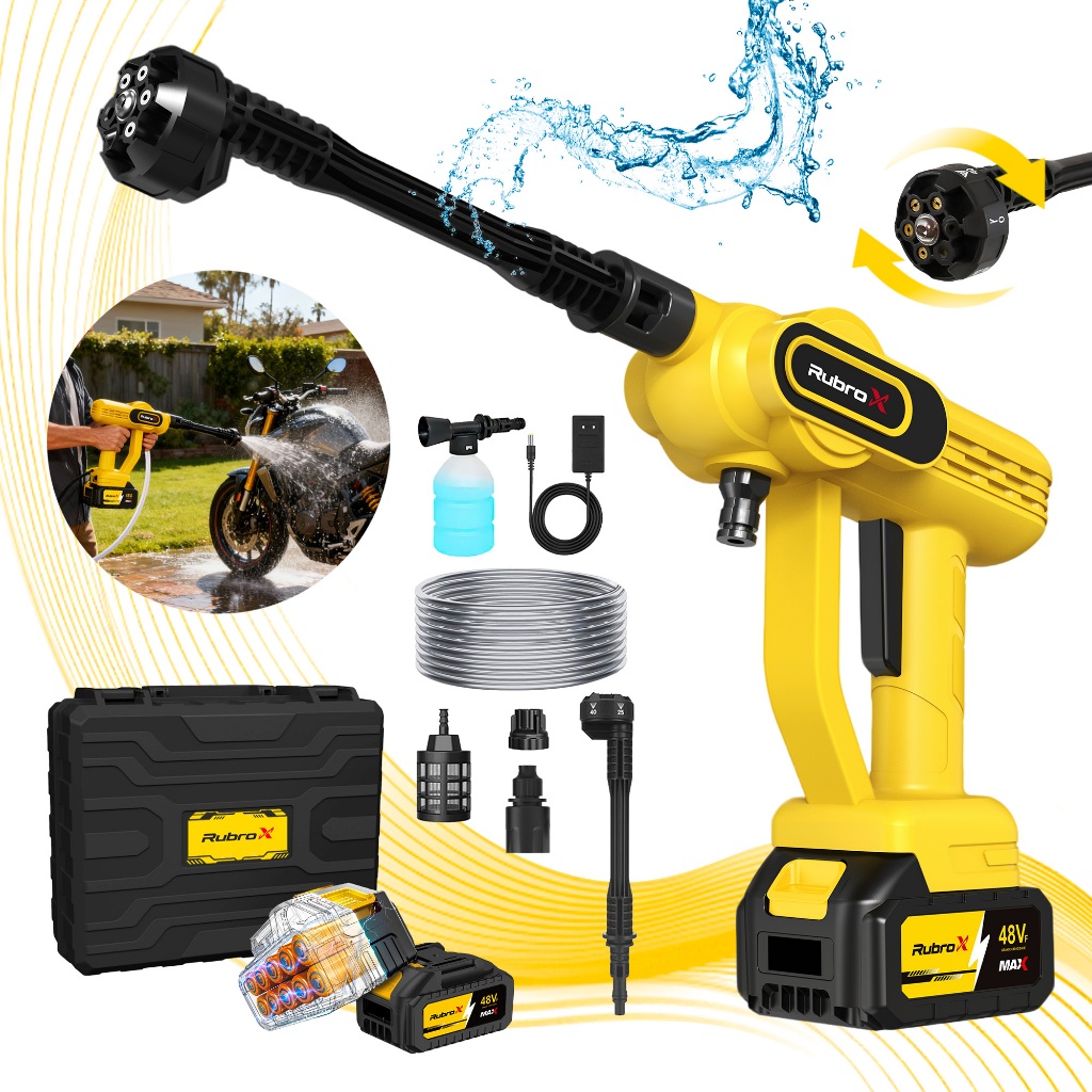 RubroX Lavadora de alta pressão portátil  6 em 1 Premium – 2 Bateria de Longa Duração, 1200 PSI