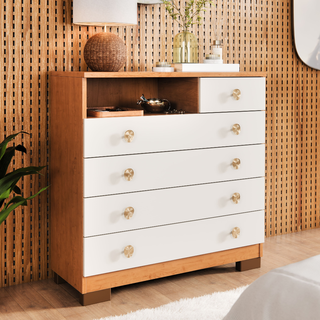 Cômoda 5 Gavetas Para Quarto Com Pés Corrediças Telescópicas Multiuso Organizado