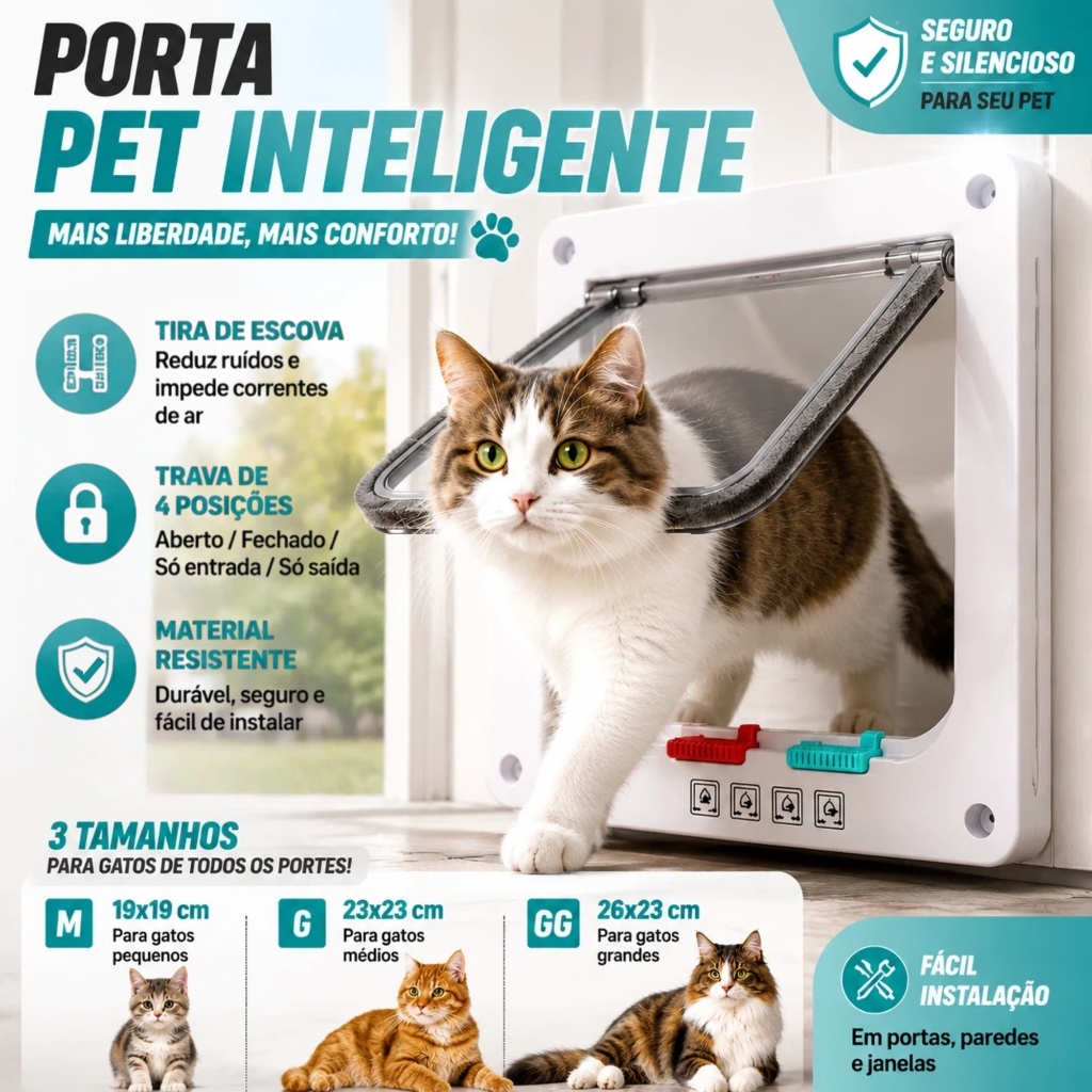 Porta de Passagem Pet para Gatos e Cachorros M G GG, Portinha com Trava Segura e Fácil Instalação