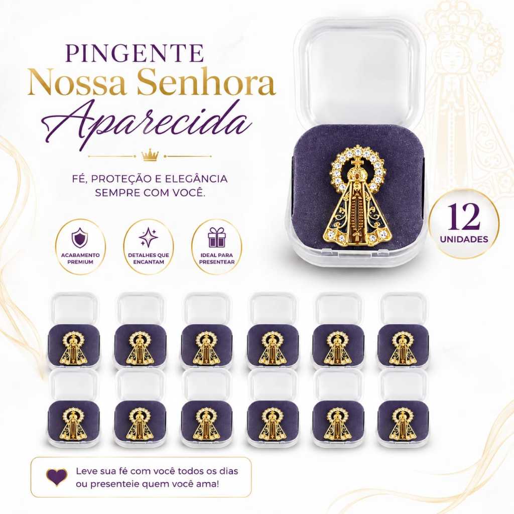 Kit Broche Nossa Senhora Aparecida  – Acessório Religioso Dourado, Elegante, Fé, Proteção, Presente Católico