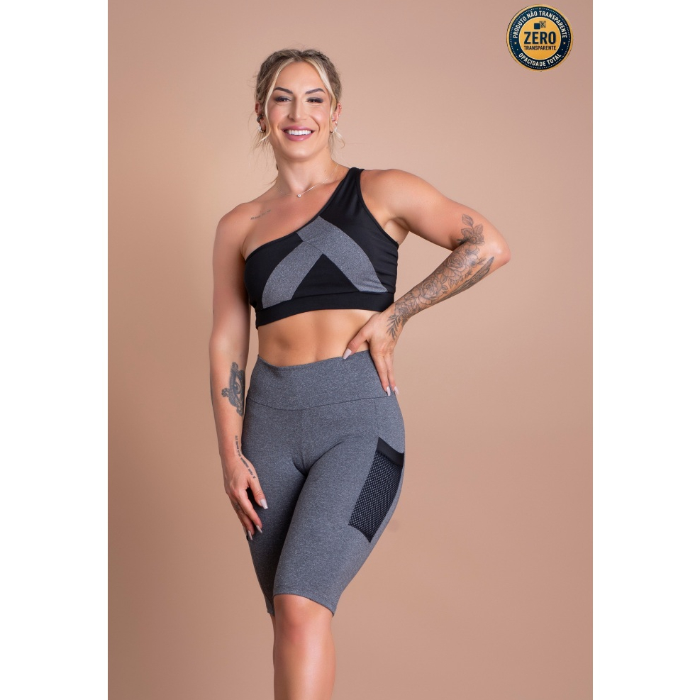 Conjunto Fitness Feminino Bermuda Cintura Alta Ciclista Bolso Tela E Top Cropped Ombro Só Academia ZERO TRANSPARÊNCIA