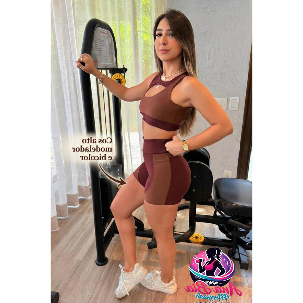 Conjunto Short  + Top Vazado Bicolor Academia Fitness Super Confortável
