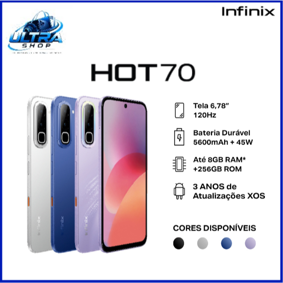 Smartphone Infinix HOT 70 4G 256GB de Armazenamento 8GB* RAM Bateria 5600mAh NFC 120hz IA celular