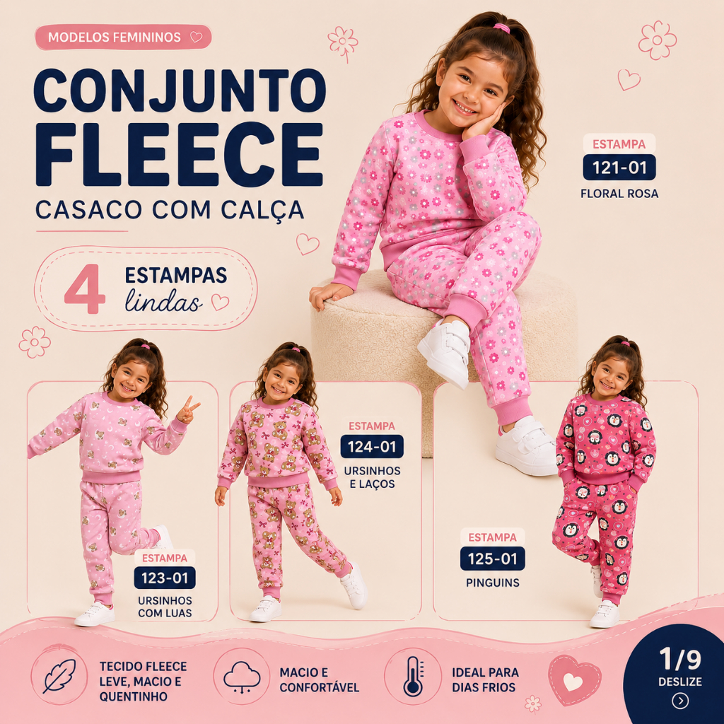 Conjunto Fleece Infantil Menina 100% Poliéster Roupa Quentinha Confortável Pijama Para Inverno