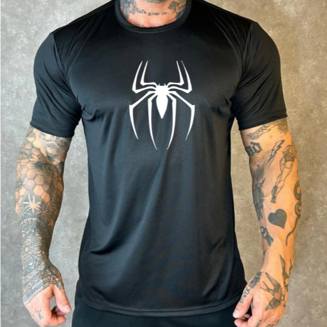 Camiseta Dryfit Fresca Masculina Estampada Aranha Streetwear Academia Casual Preta