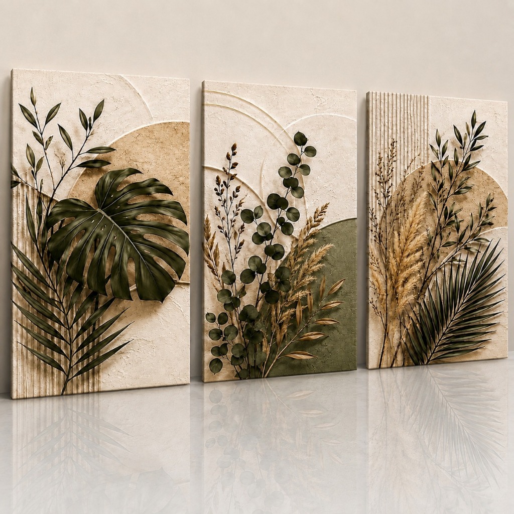 Kit 3 Quadros Decorativos Folhagem Tropical Costela de Adão Plantas Verdes para Sala