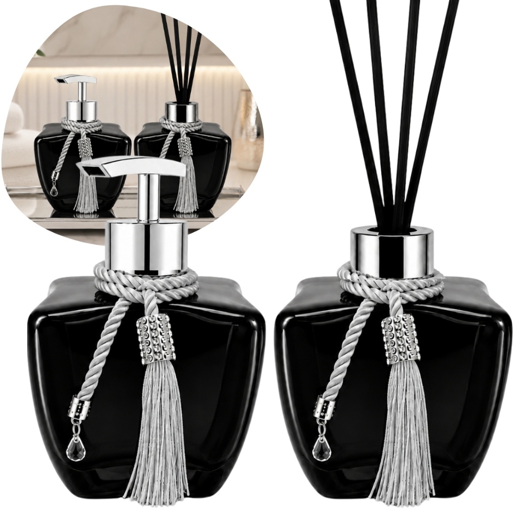 Kit Banheiro Vidros Estrela Preto Brilhante Difusor Saboneteira Luxo